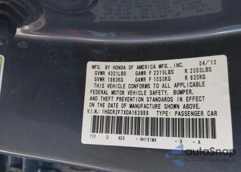 2013 Honda Accord Ex z USA, uszkodzony, nr VIN 1HGCR2F7XDA163999